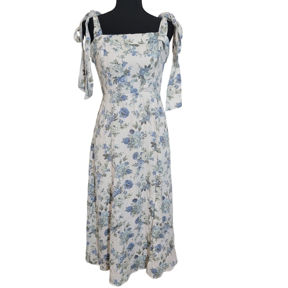 Audrey Parks Francesca's Blue Floral Tie Shoulder Midi Dress‎ Square Neck Medium